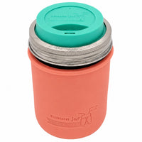 16oz Ball wide mouth mason jar travel mug with Light Coral silicone sleeve and Leaf Green drinking lid