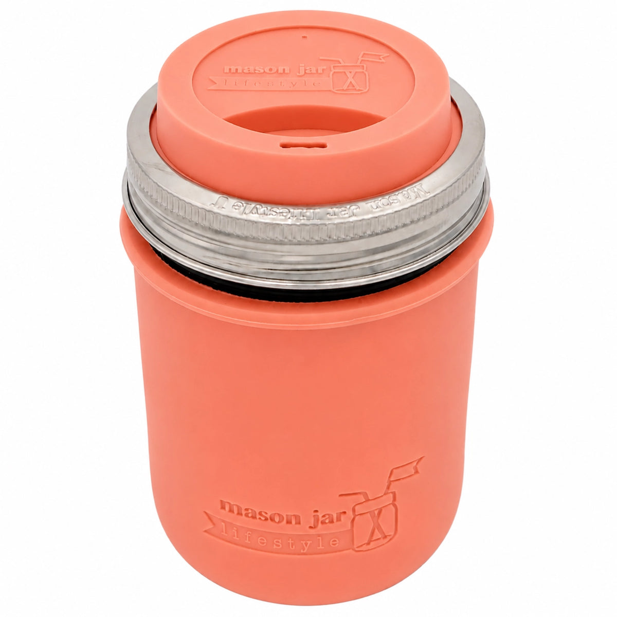 16oz Ball wide mouth mason jar travel mug with Light Coral silicone sleeve and Light Coral drinking lid