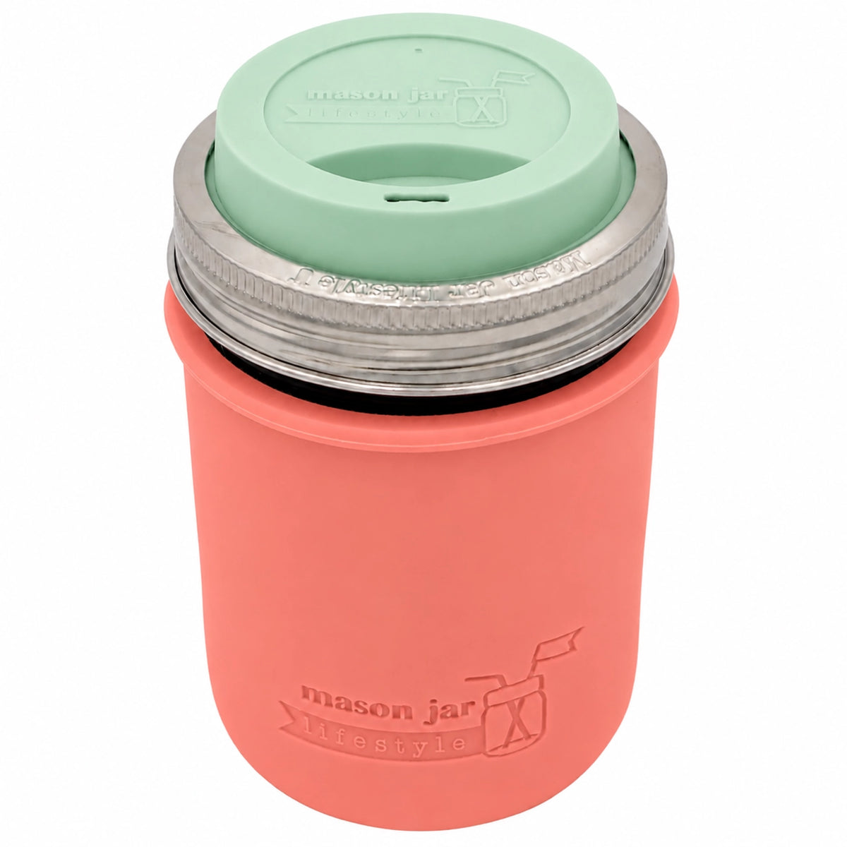 16oz Ball wide mouth mason jar travel mug with Light Coral silicone sleeve and Mint Green drinking lid