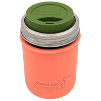 16oz Ball wide mouth mason jar travel mug with Light Coral silicone sleeve and Olive Green drinking lid