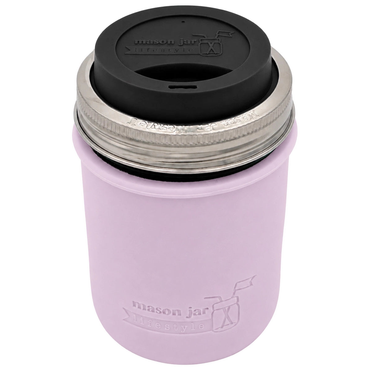16oz Ball wide mouth mason jar travel mug with Light Orchid silicone sleeve and Black drinking lid