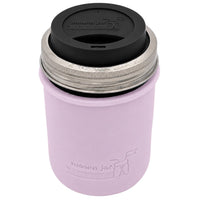 16oz Ball wide mouth mason jar travel mug with Light Orchid silicone sleeve and Black drinking lid
