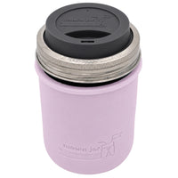 16oz Ball wide mouth mason jar travel mug with Light Orchid silicone sleeve and Charcoal Gray drinking lid