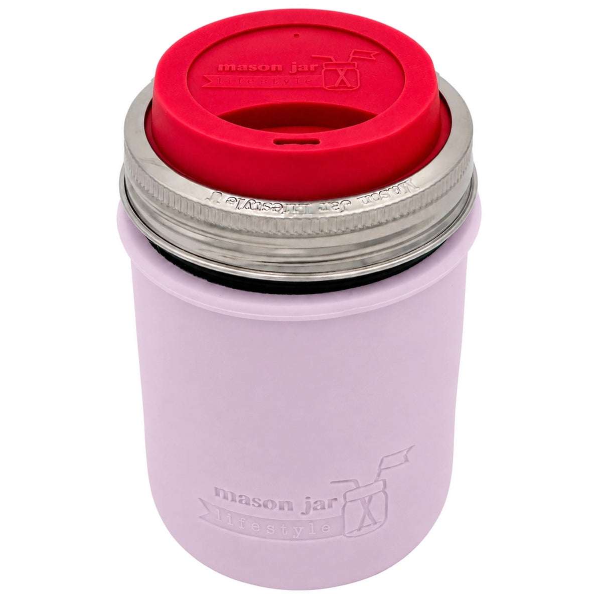 16oz Ball wide mouth mason jar travel mug with Light Orchid silicone sleeve and Cherry Red drinking lid
