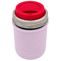 16oz Ball wide mouth mason jar travel mug with Light Orchid silicone sleeve and Cherry Red drinking lid