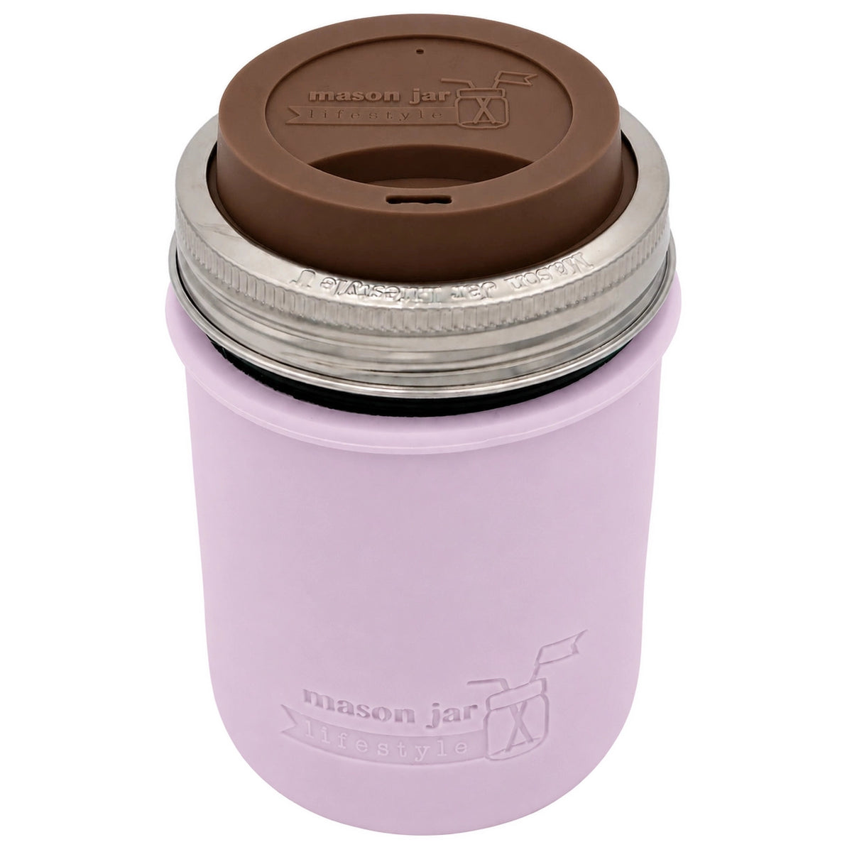 16oz Ball wide mouth mason jar travel mug with Light Orchid silicone sleeve and Cocoa Brown drinking lid
