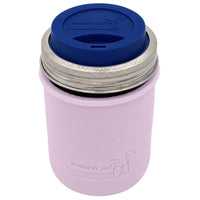 16oz Ball wide mouth mason jar travel mug with Light Orchid silicone sleeve and Deep Blue drinking lid