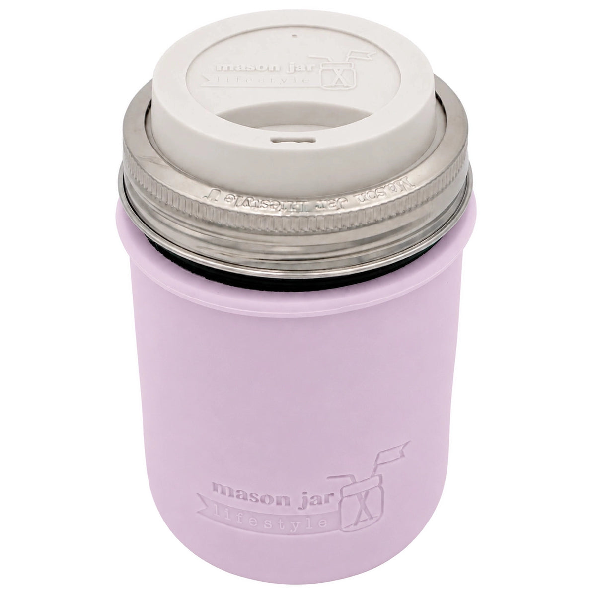 16oz Ball wide mouth mason jar travel mug with Light Orchid silicone sleeve and Greige drinking lid