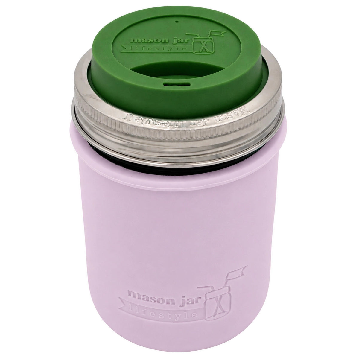 16oz Ball wide mouth mason jar travel mug with Light Orchid silicone sleeve and Leaf Green drinking lid