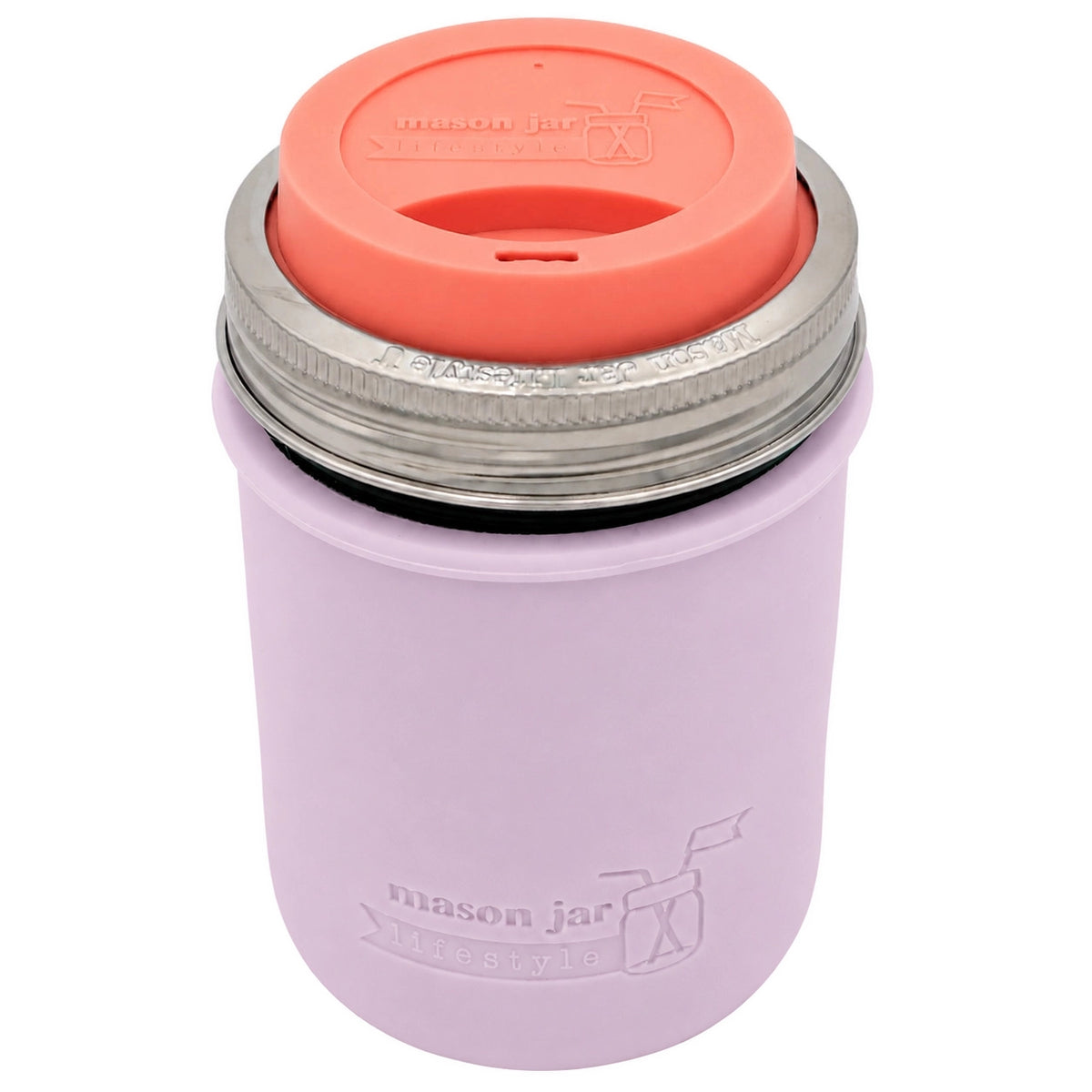 16oz Ball wide mouth mason jar travel mug with Light Orchid silicone sleeve and Light Coral drinking lid