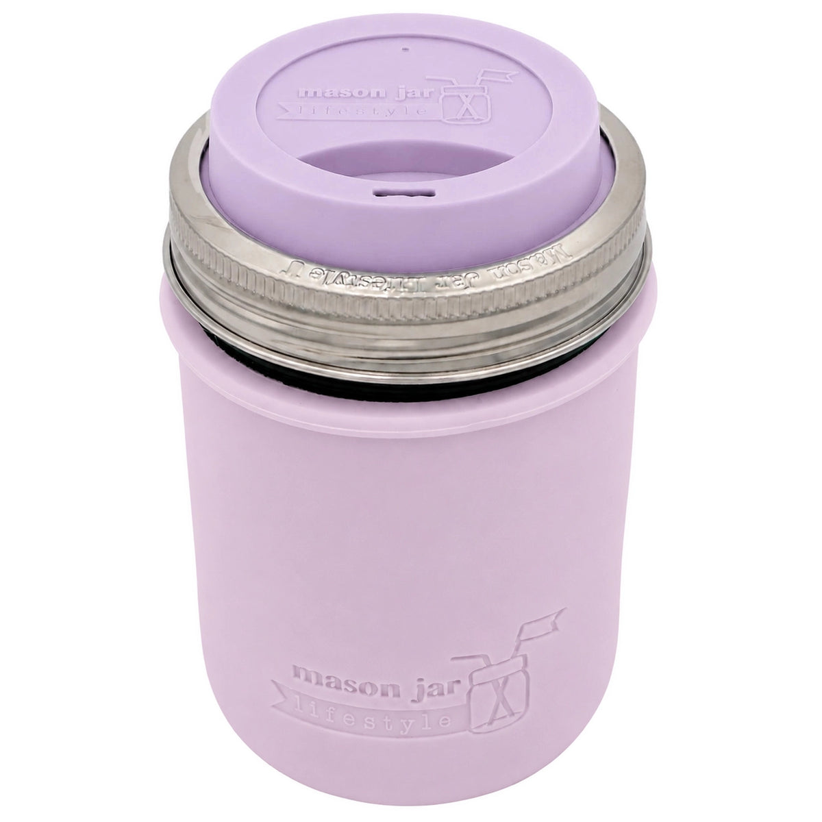 16oz Ball wide mouth mason jar travel mug with Light Orchid silicone sleeve and Light Orchid drinking lid