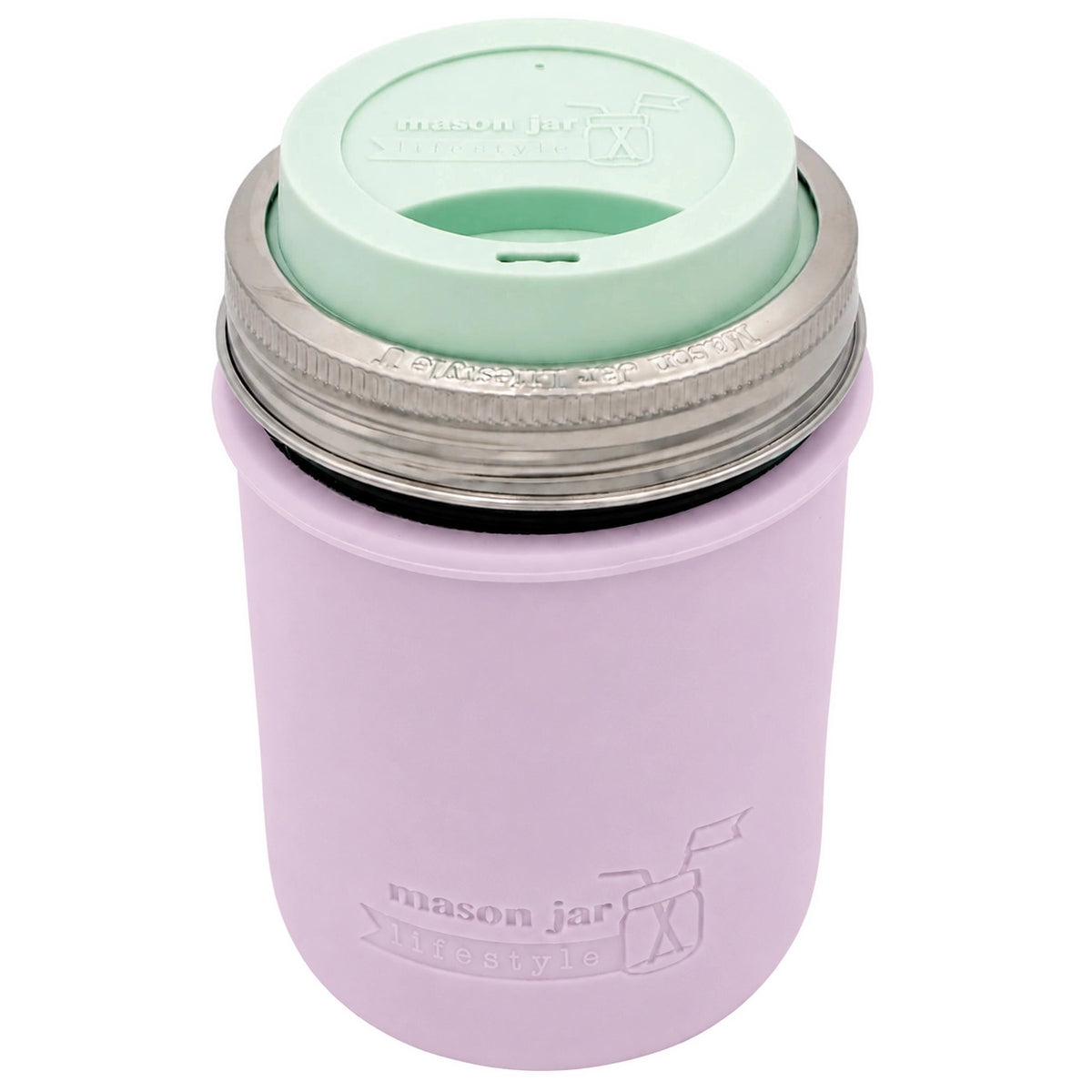 16oz Ball wide mouth mason jar travel mug with Light Orchid silicone sleeve and Mint Green drinking lid