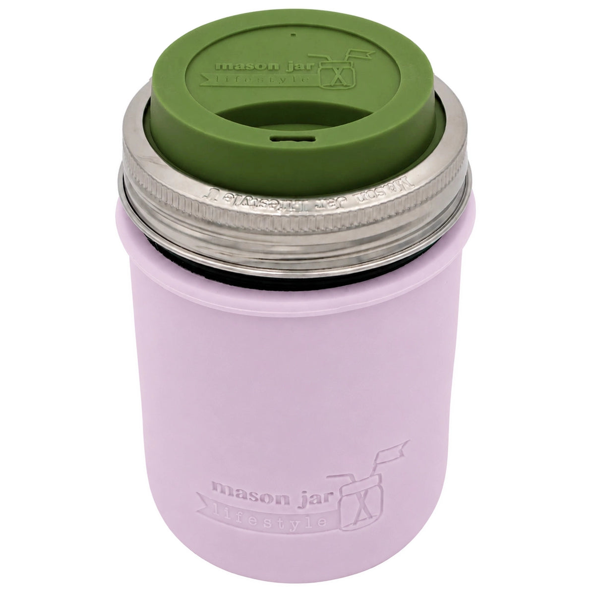 16oz Ball wide mouth mason jar travel mug with Light Orchid silicone sleeve and Olive Green drinking lid
