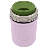 16oz Ball wide mouth mason jar travel mug with Light Orchid silicone sleeve and Olive Green drinking lid