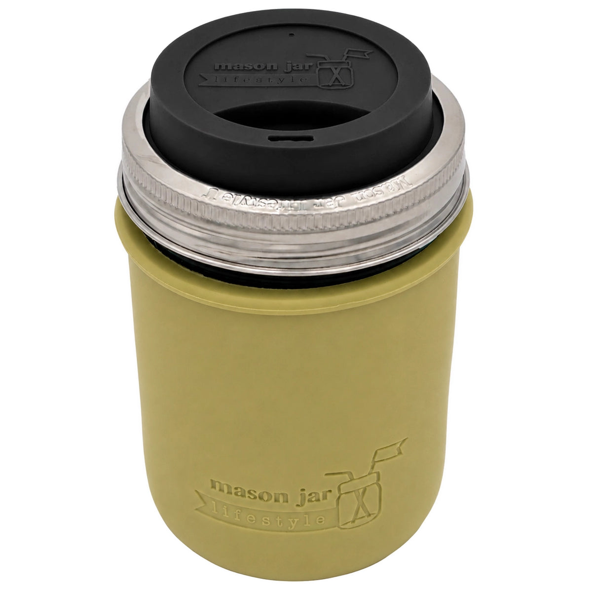 16oz Ball wide mouth mason jar travel mug with Olive Green silicone sleeve and Black drinking lid