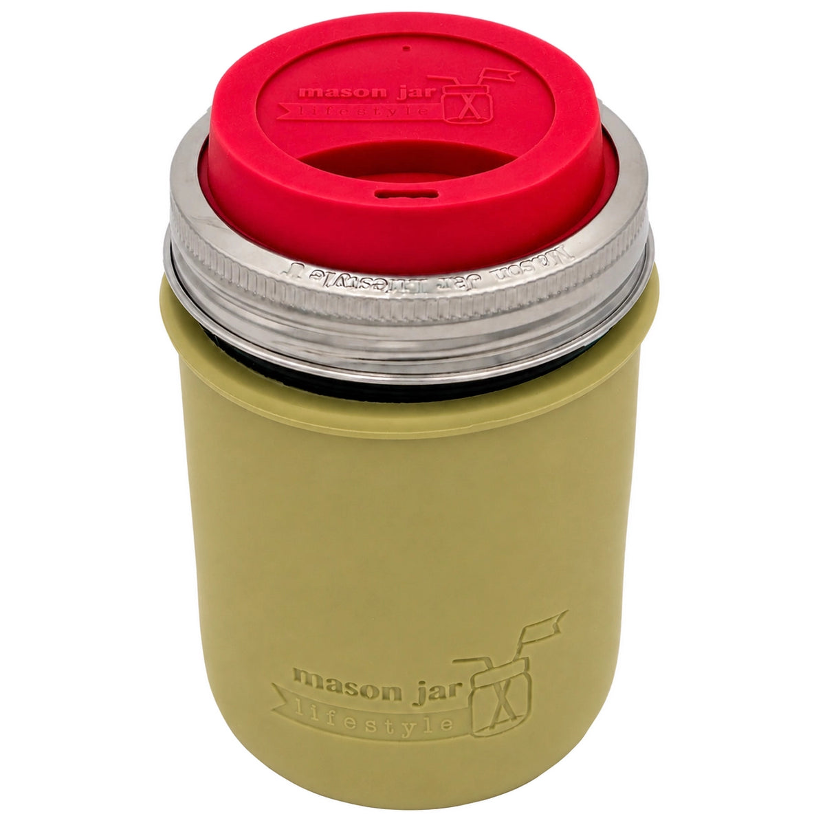 16oz Ball wide mouth mason jar travel mug with Olive Green silicone sleeve and Cherry Red drinking lid