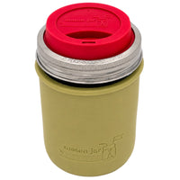 16oz Ball wide mouth mason jar travel mug with Olive Green silicone sleeve and Cherry Red drinking lid