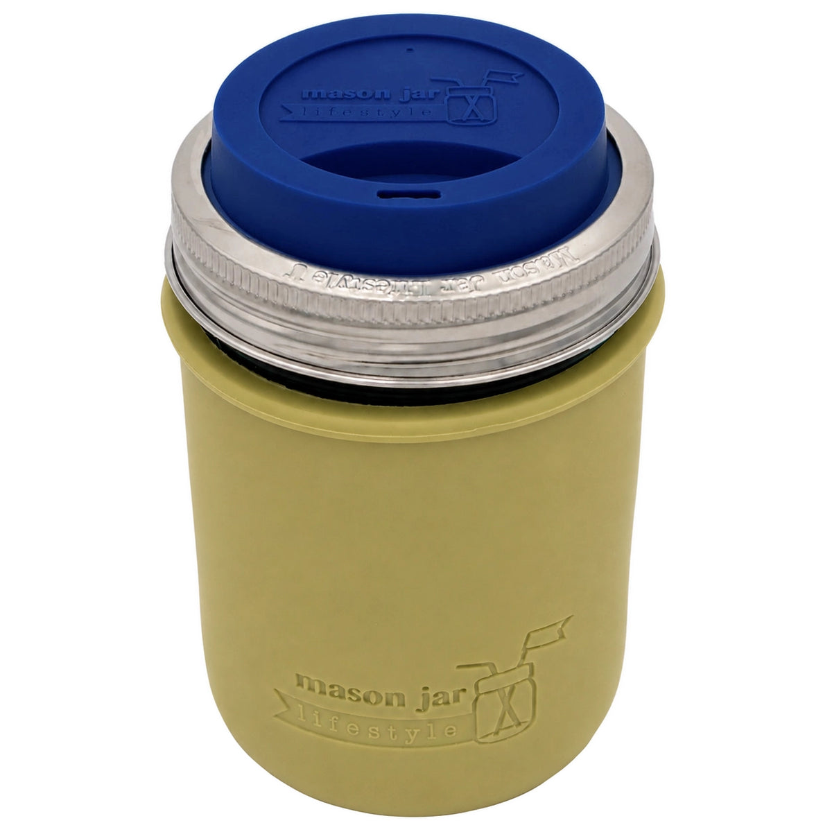 16oz Ball wide mouth mason jar travel mug with Olive Green silicone sleeve and Deep Blue drinking lid