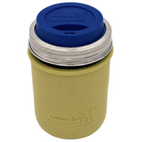 16oz Ball wide mouth mason jar travel mug with Olive Green silicone sleeve and Deep Blue drinking lid