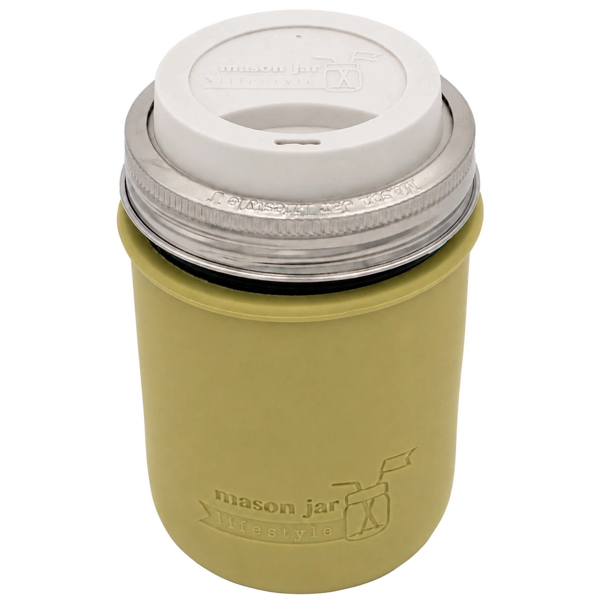 16oz Ball wide mouth mason jar travel mug with Olive Green silicone sleeve and Greige drinking lid