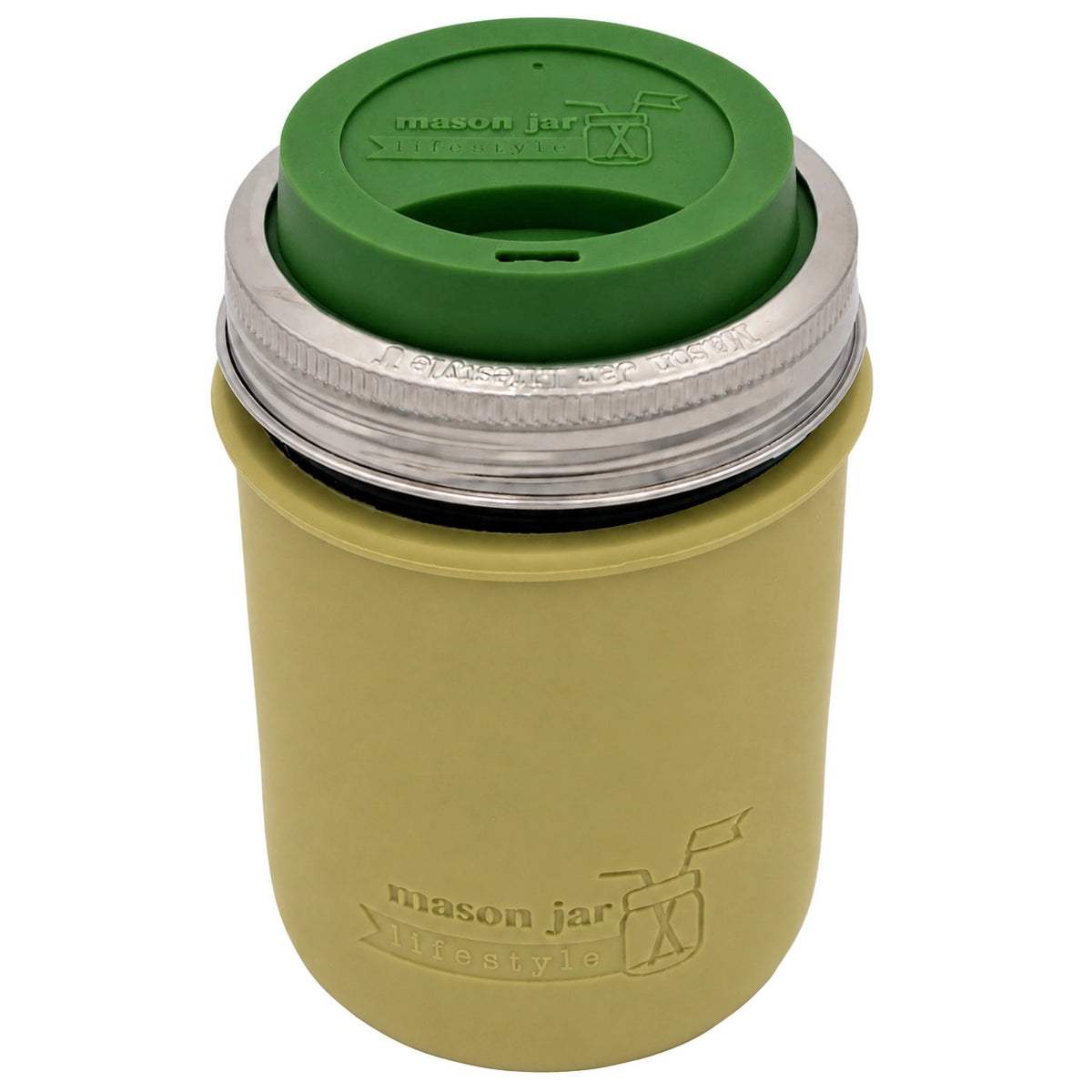 16oz Ball wide mouth mason jar travel mug with Olive Green silicone sleeve and Leaf Green drinking lid