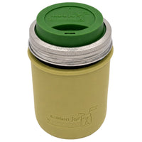 16oz Ball wide mouth mason jar travel mug with Olive Green silicone sleeve and Leaf Green drinking lid