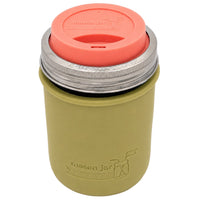 16oz Ball wide mouth mason jar travel mug with Olive Green silicone sleeve and Light Coral drinking lid