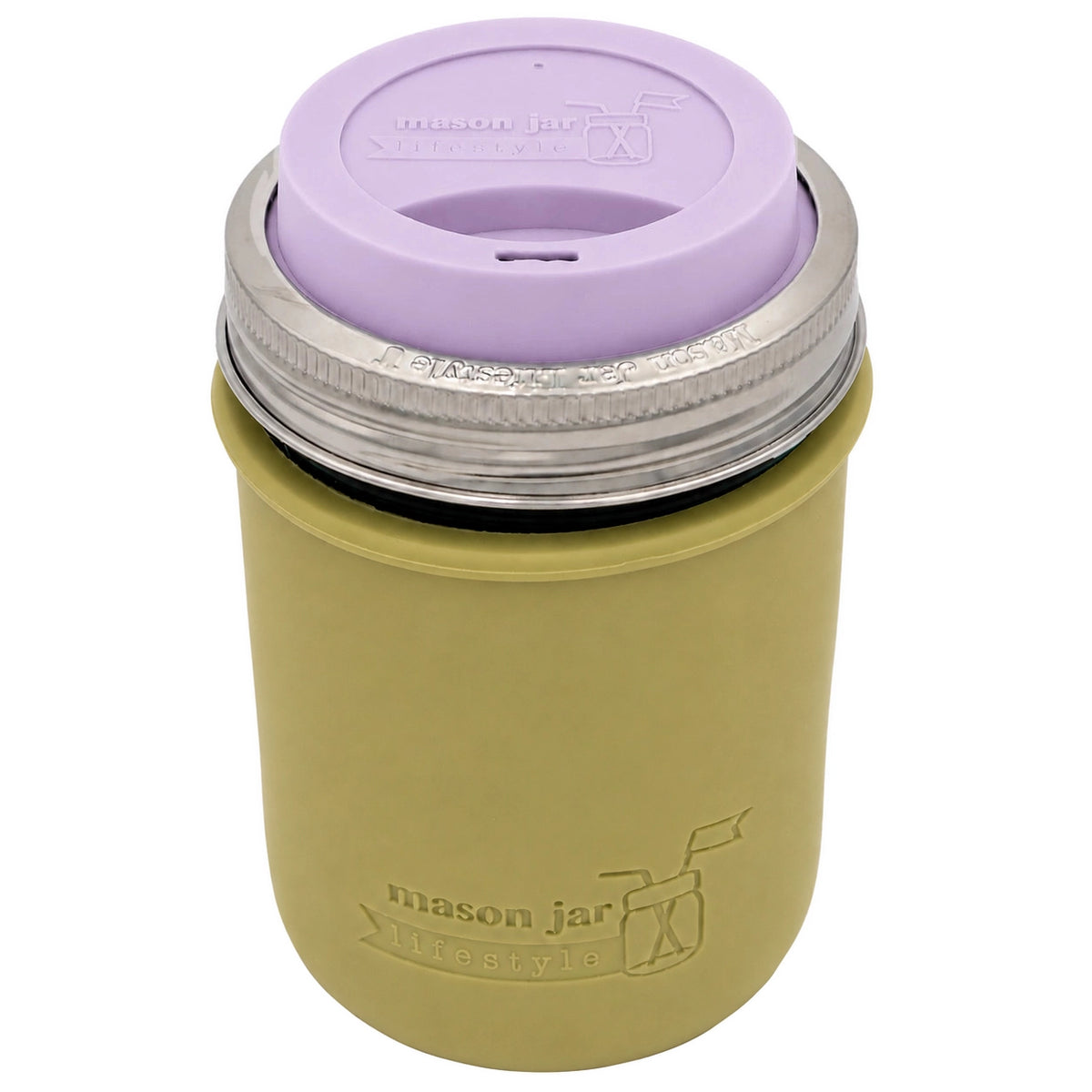 16oz Ball wide mouth mason jar travel mug with Olive Green silicone sleeve and Light Orchid drinking lid