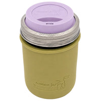 16oz Ball wide mouth mason jar travel mug with Olive Green silicone sleeve and Light Orchid drinking lid