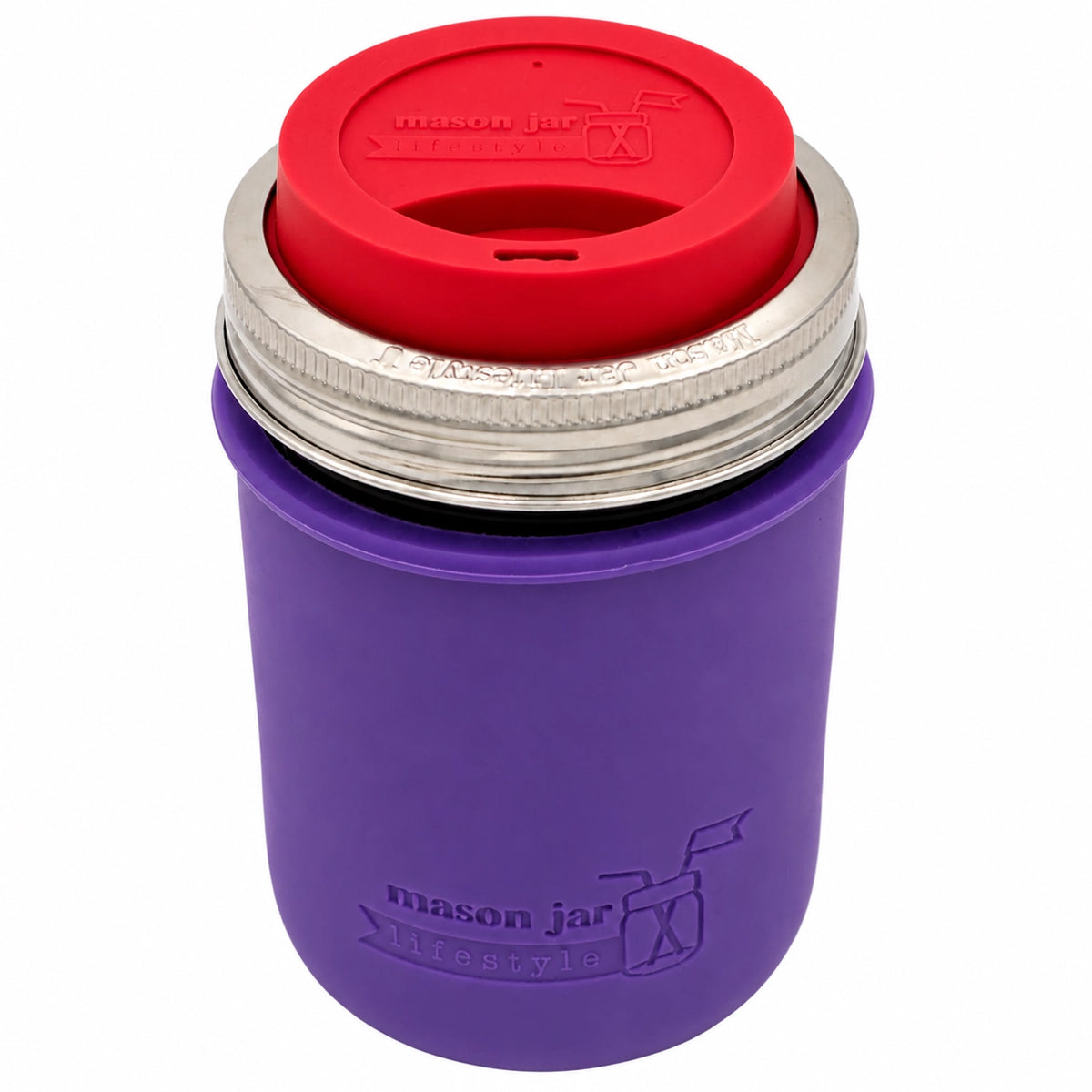16oz Ball wide mouth mason jar travel mug with Ultra Violet silicone sleeve and Cherry Red drinking lid