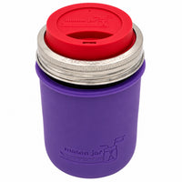 16oz Ball wide mouth mason jar travel mug with Ultra Violet silicone sleeve and Cherry Red drinking lid