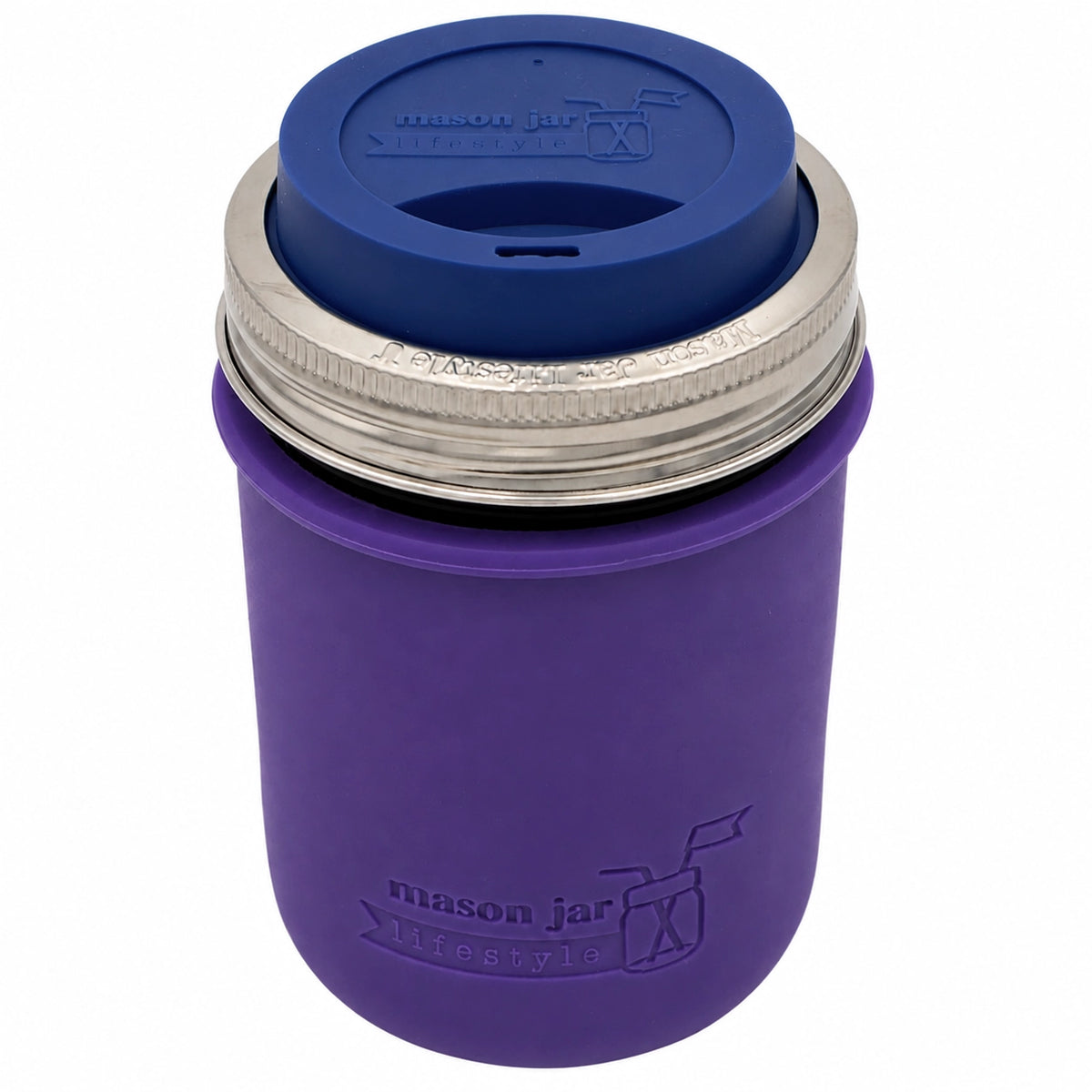 16oz Ball wide mouth mason jar travel mug with Ultra Violet silicone sleeve and Deep Blue drinking lid