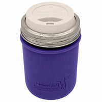 16oz Ball wide mouth mason jar travel mug with Ultra Violet silicone sleeve and Greige drinking lid