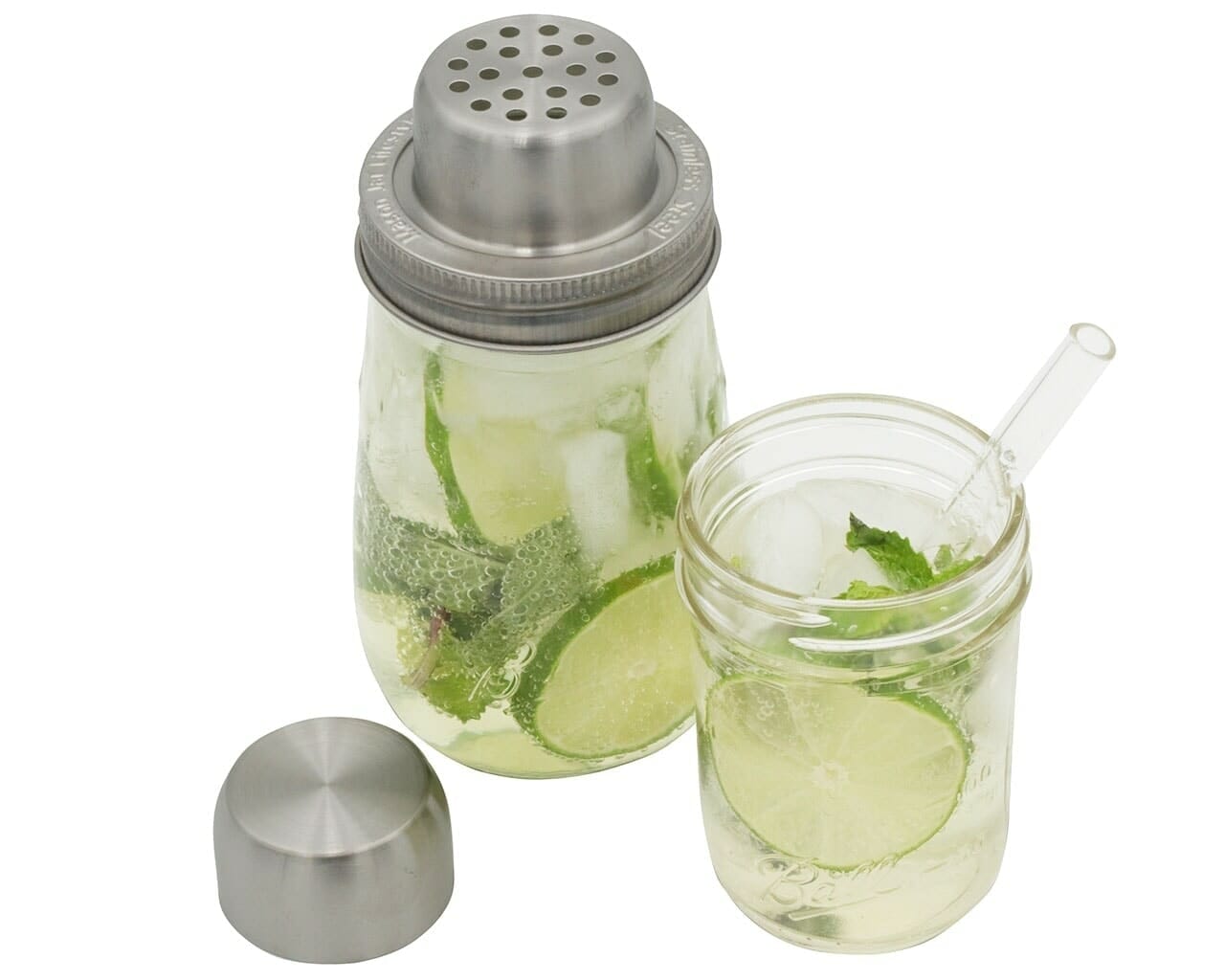 mason-jar-lifestyle-w&p-designs-mason-shaker-cocktail-lid-stainless-steel-band-ball-jar-half-pint-glass-straw-lime-mint-cap-off-top