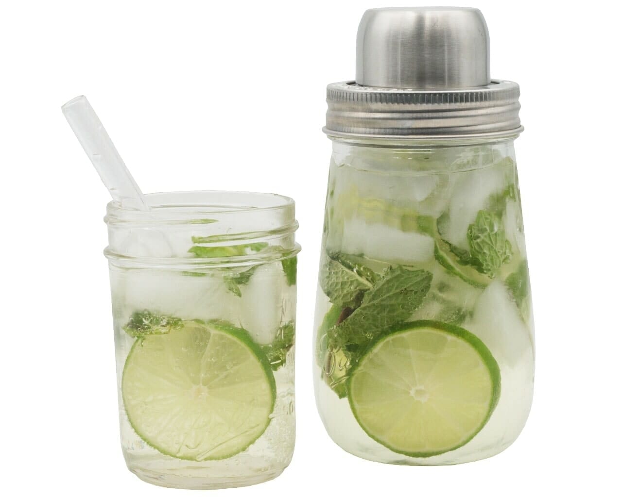 mason-jar-lifestyle-w&p-designs-mason-shaker-cocktail-lid-stainless-steel-band-ball-jar-half-pint-glass-straw-lime-mint