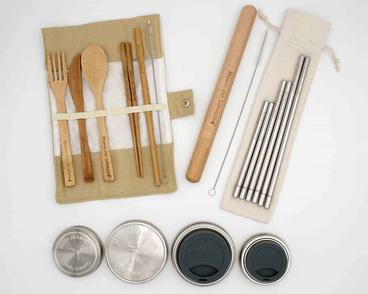 mason-jar-lifestyle-zero-waste-kit-stainless-steel-storage-lids-bamboo-utensils-silicone-drinking-lids-metal-straws-cloth-bag