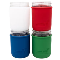 American sleeve 4pk for 16oz wide mouth Mason jars: frost, cherry red, deep blue, and leaf green. 
