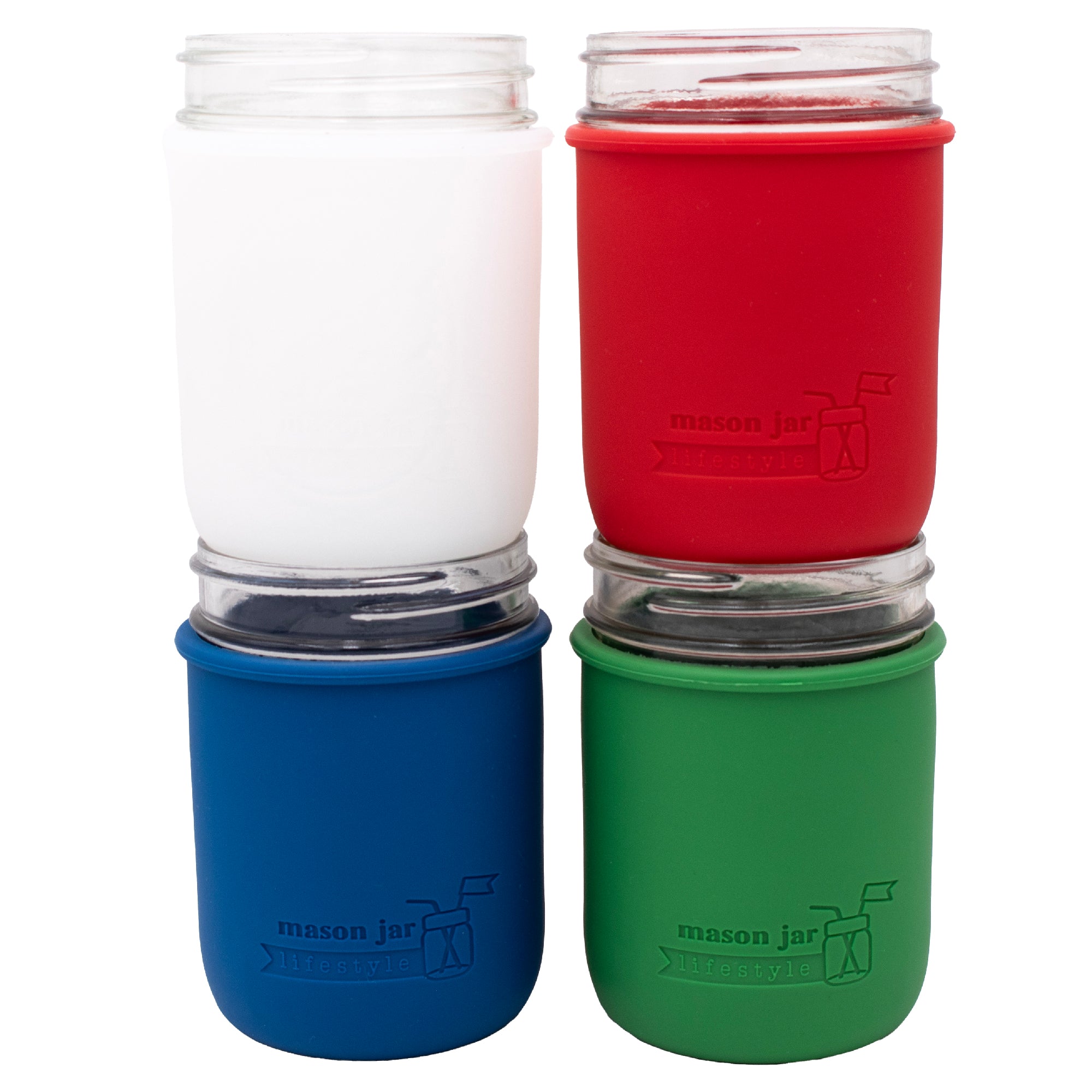 American sleeve 4pk for 16oz wide mouth Mason jars: frost, cherry red, deep blue, and leaf green. 