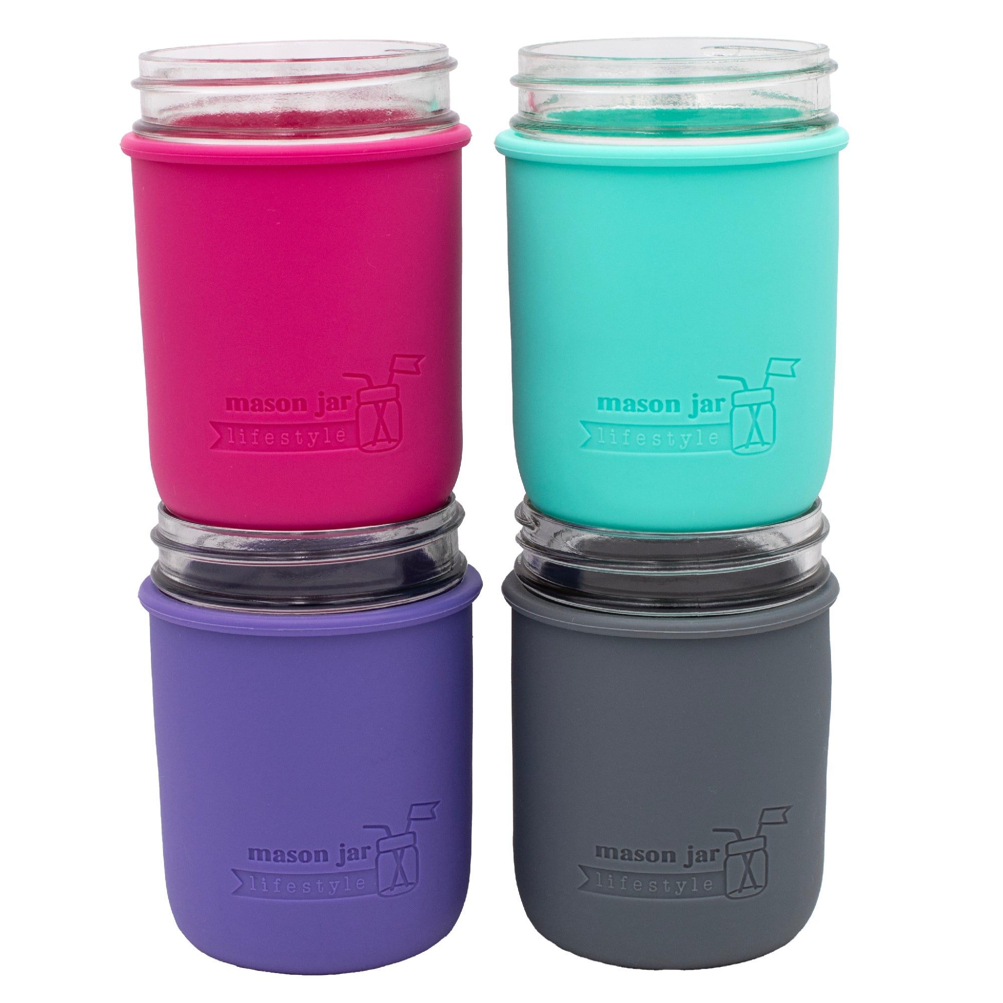 Enchanted sleeve 4pk for 16oz wide mouth Mason jars: berry pink, aquamarine, ultra violet, and charcoal gray.