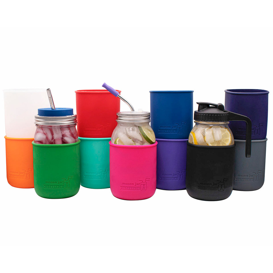 Silicone Sleeves for 32oz Mason Jars in Frost Berry Pink Cherry Red Tangerine Leaf Green Aquamarine Deep Blue Midnight Blue Ultra Violet Black and Charcoal Gray