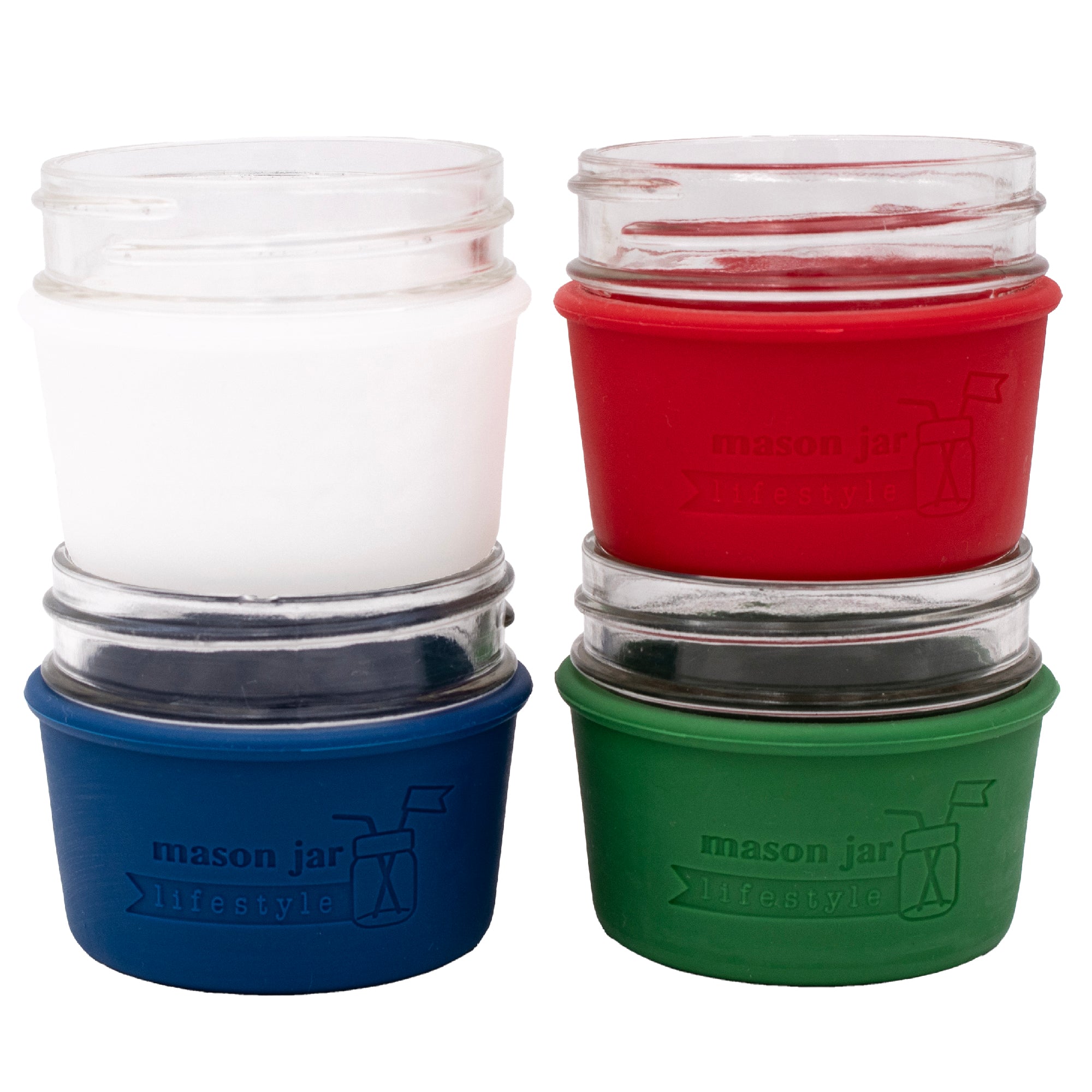 Americana 4oz silicone sleeves 4pk: frost, cherry red, deep blue, and leaf green.