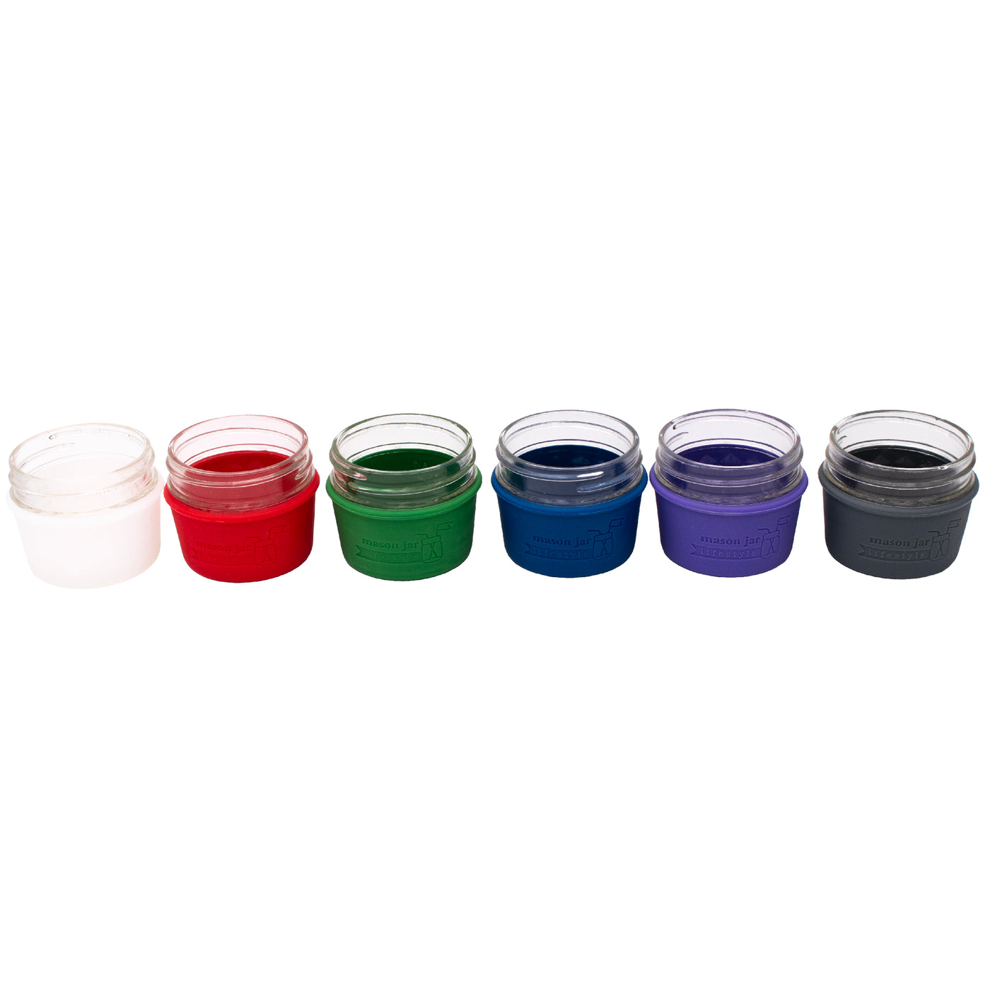 Core colors 4oz silicone sleeves 6pk: frost, cherry red, leaf green, deep blue, ultra violet,  and charcoal gray.