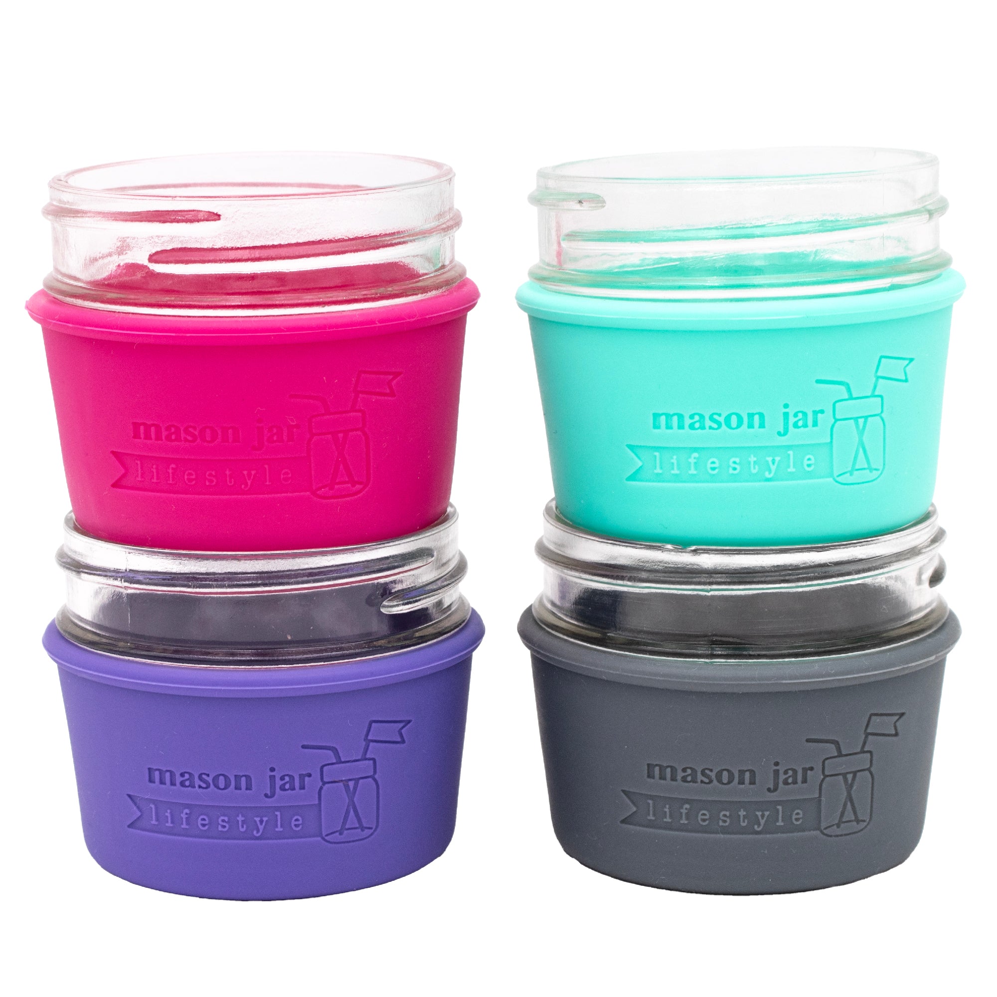 Enchanted 4oz silicone sleeves 4pk: berry pink, aquamarine, ultra violet, and charcoal gray.
