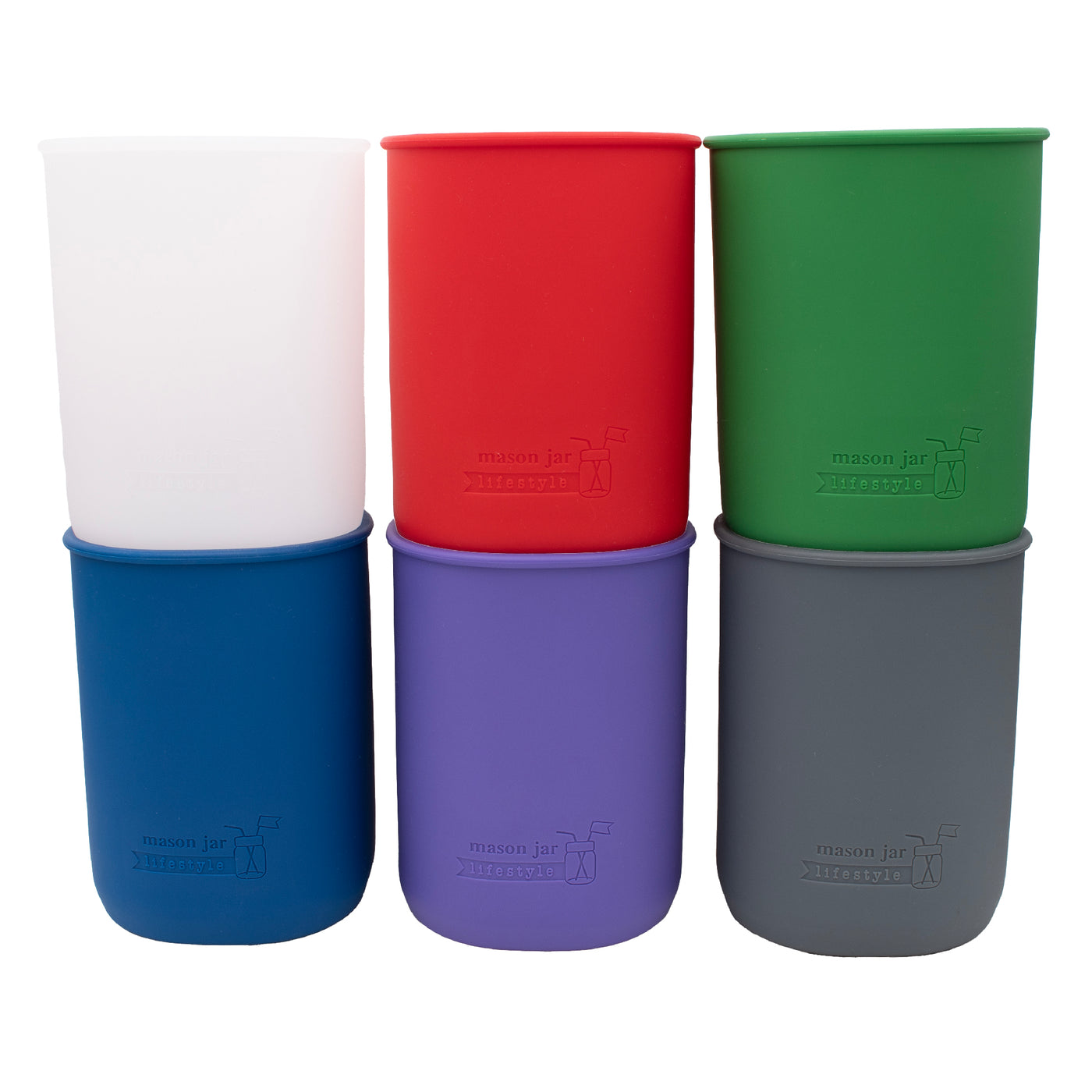 Core colors 32oz quart sleeves for Mason jars: frost, cherry red, leaf green, deep blue, ultra violet. and charcoal gray.