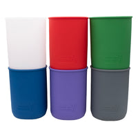 Core colors 32oz quart sleeves for Mason jars: frost, cherry red, leaf green, deep blue, ultra violet. and charcoal gray.