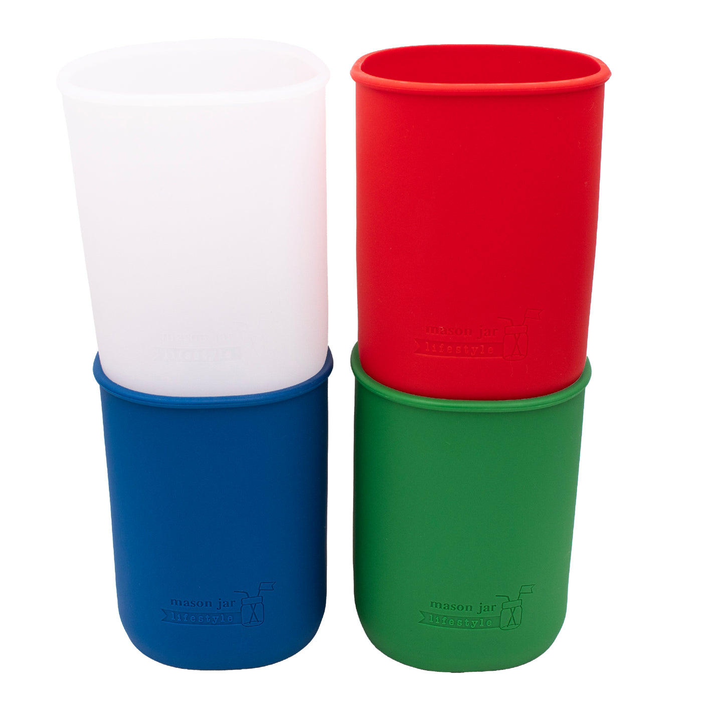 Americana 32oz quart sleeves for Mason jars: frost, cherry red, deep blue, and leaf green.