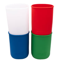 Americana 32oz quart sleeves for Mason jars: frost, cherry red, deep blue, and leaf green.