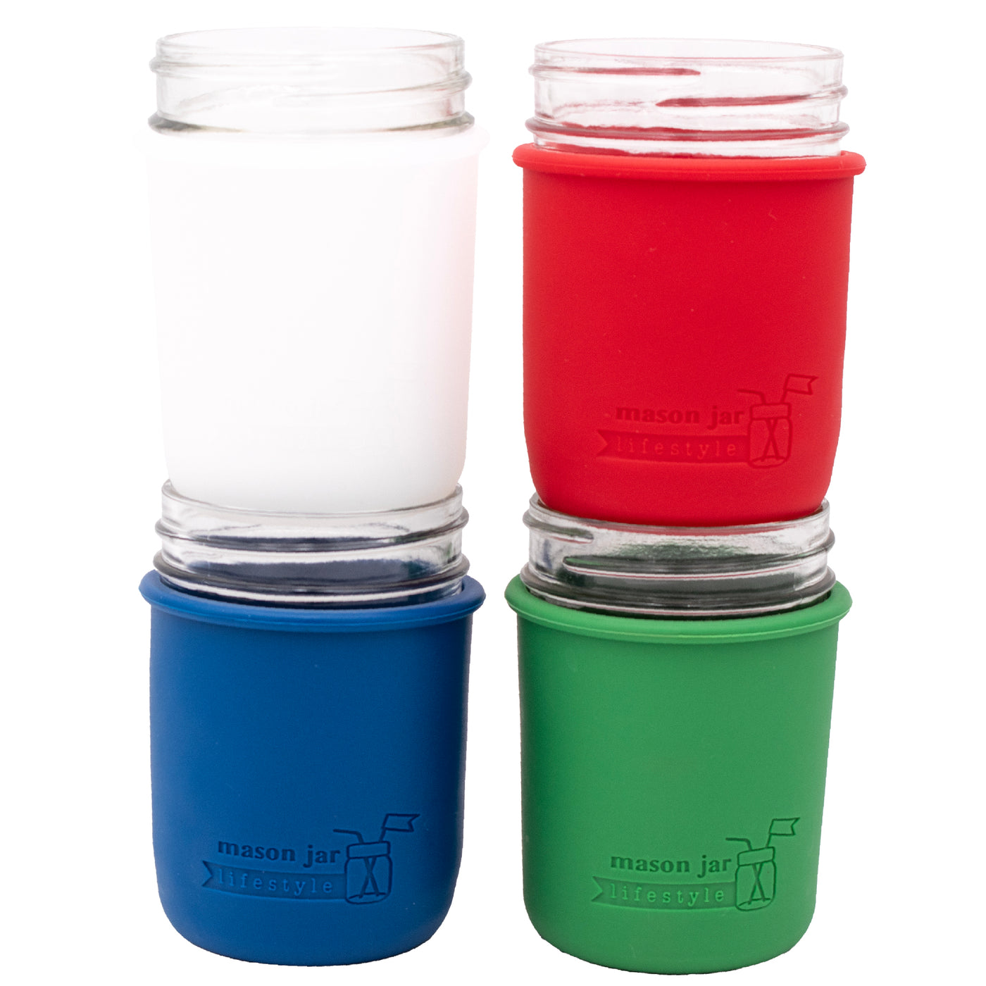 Americana sleeves for regular mouth 8oz Mason jar: frost, cherry red, deep blue, and leaf green.