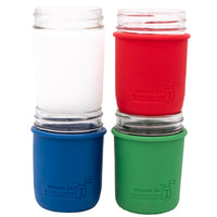 Americana sleeves for regular mouth 8oz Mason jar: frost, cherry red, deep blue, and leaf green.
