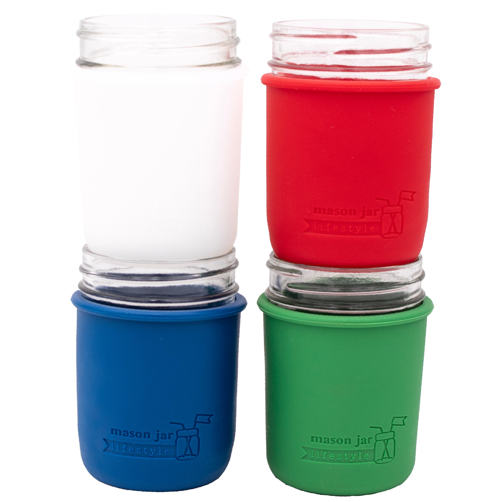 Americana sleeves for regular mouth 8oz Mason jar: frost, cherry red, deep blue, and leaf green.